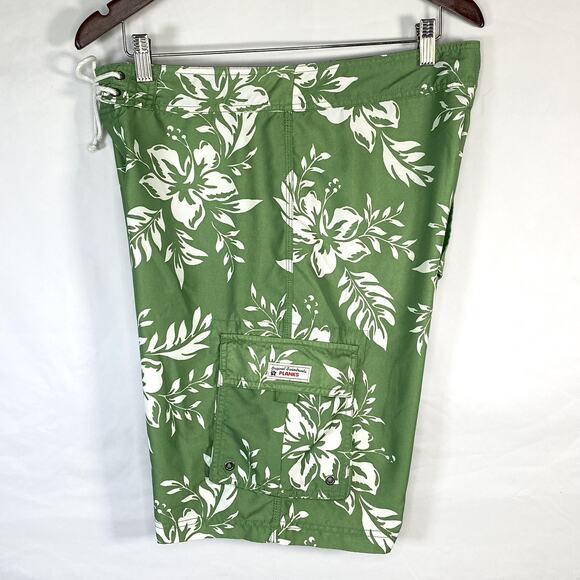 Planks Hawaiian Sz 32 Green Hibiskus Board Shorts Swimsuit Mens Swim Trunk Cargo - Picture 6 of 7